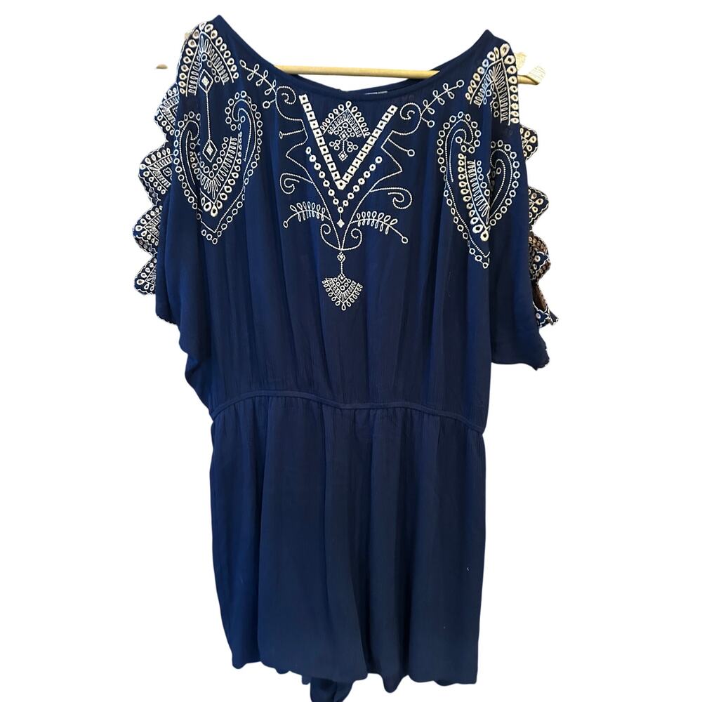 Alya Navy Blue Embroidered Boho Cold Shoulder Romper Cutout Flutter Sleeve S M - Picture 1 of 10